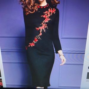 Black floral embroidered slit body con dress